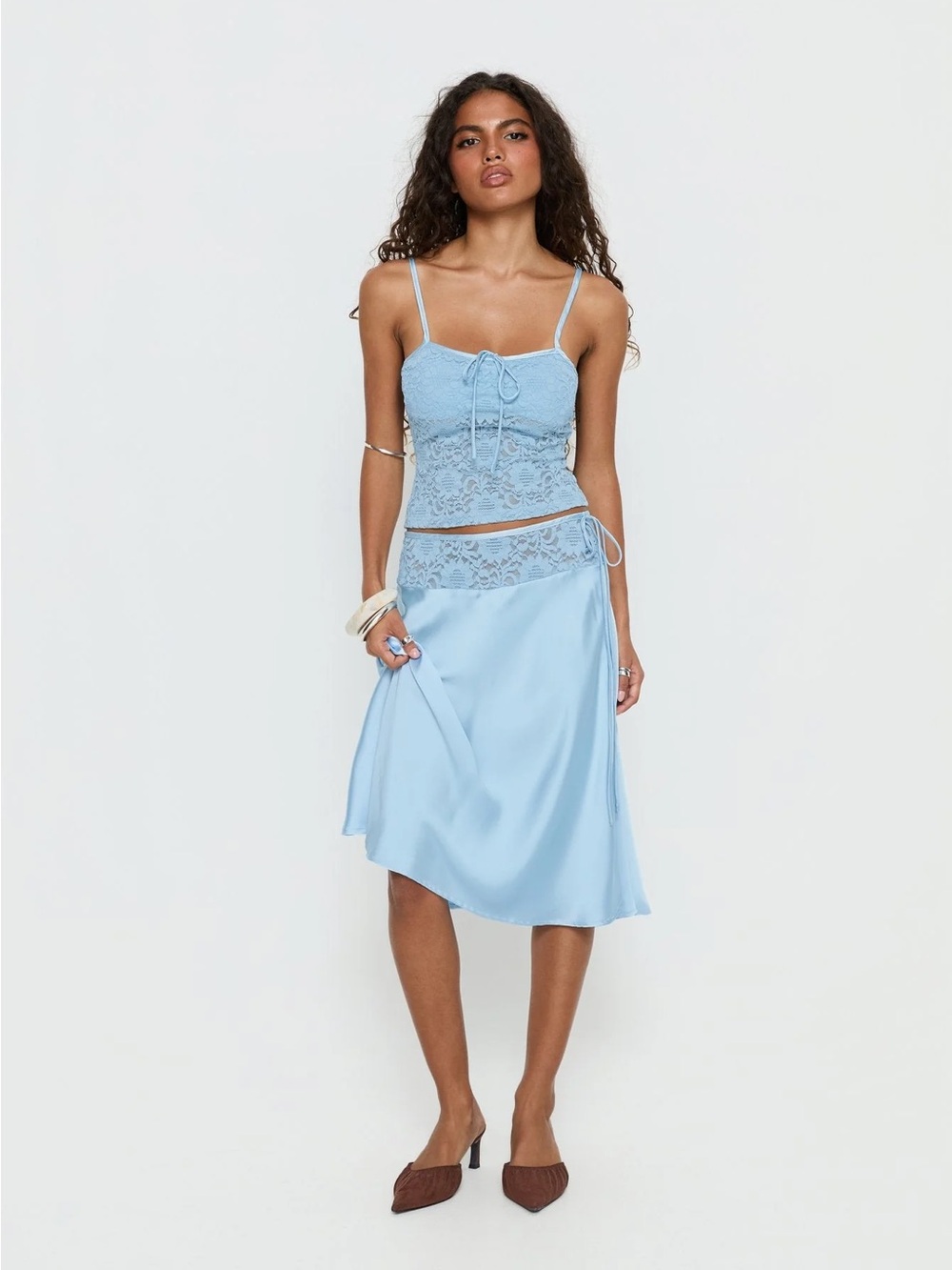 Amazon Essentials Light Blue Satin Midi Skirt with Lace Waist